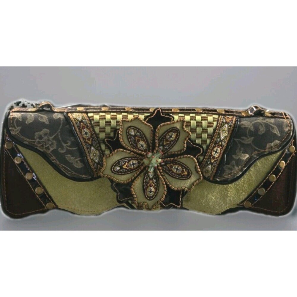 Vintage Mary Frances Suede Bag Clutch Chartreuse Brown Floral Beaded Checkered - Picture 1 of 14